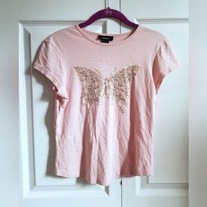 Express Women's T-Shirt Small Baby Pink Floral Butterfly Sequin **CLEARANCE**